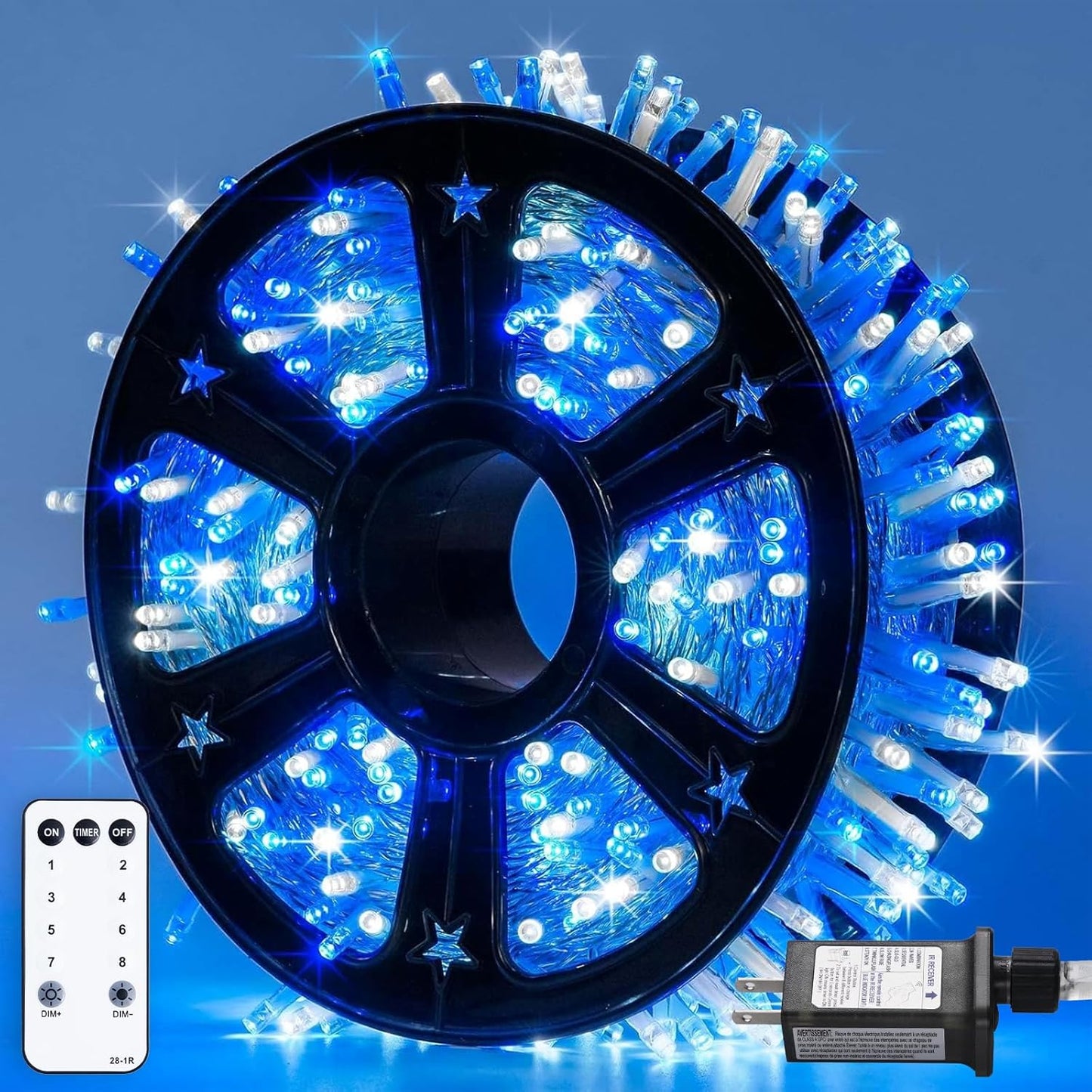 JMEXSUSS 500 LED Blue and White Christmas Lights, 8 Modes 163ft String Lights Plug in with Remote Control, Clear Wire Christmas String Lights Outdoor Waterproof for Outside Tree Yard Wedding