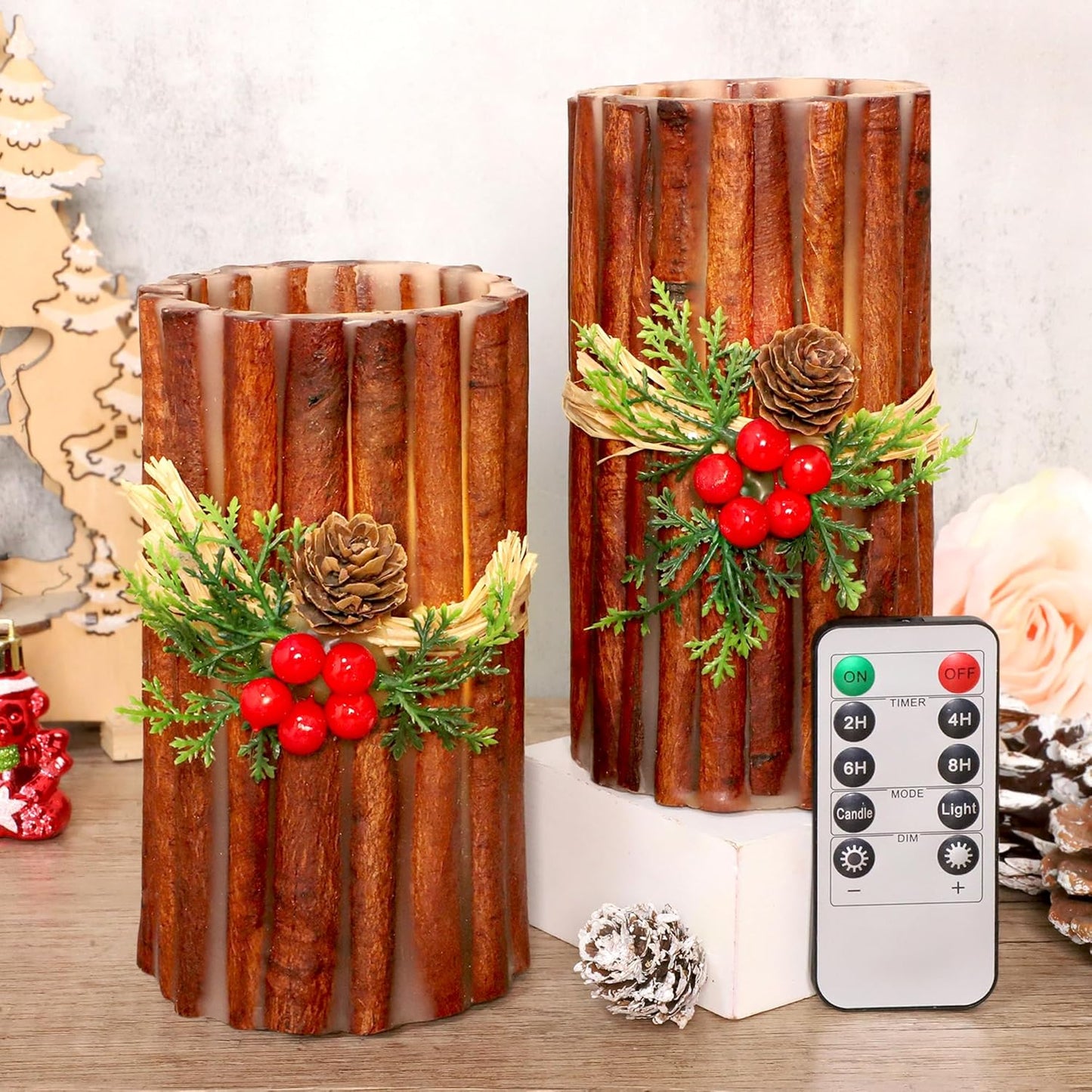 Silverstro Christmas Fake Candles with Remote Embedded Cinnamon Bark Blinks Real Wax Decorative Candles for Home Party Xmas Holiday Decorations - D3.23 X H6 Set of 2