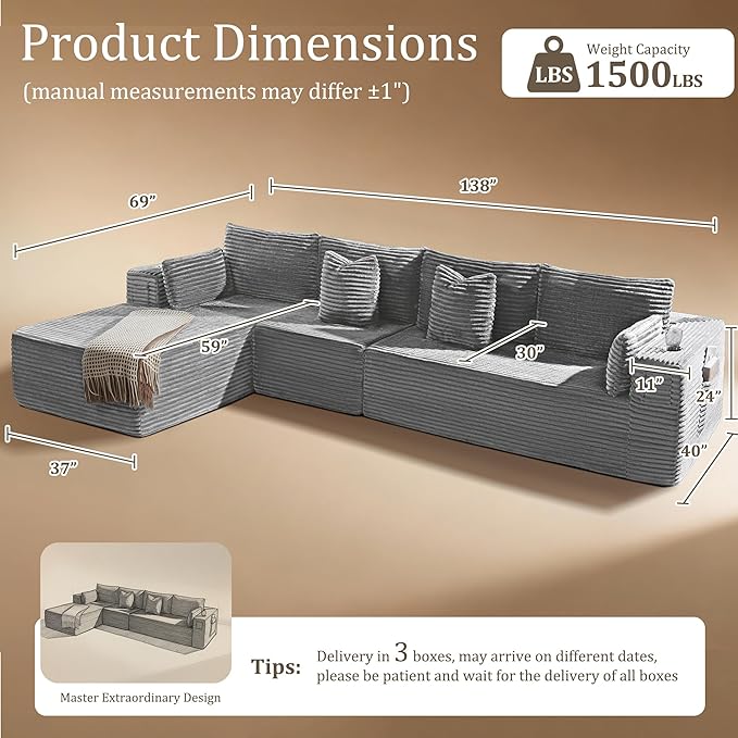 138" Oversized Cloud Sectional Couch, Comfort L Shaped Boneless Couch - Image 2