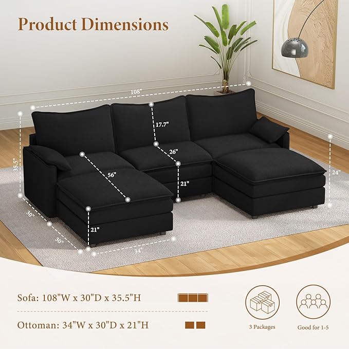 Vesgantti 108" U Shaped Sectional Couch, Comfy Cloud Modular Sectional Sofa - Image 2