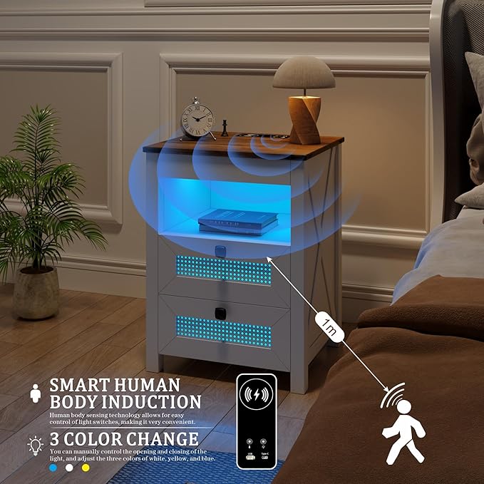 FREDEES Nightstand Set 2 with Gun Drawer, Bed Side Table with Charging Station - Image 6