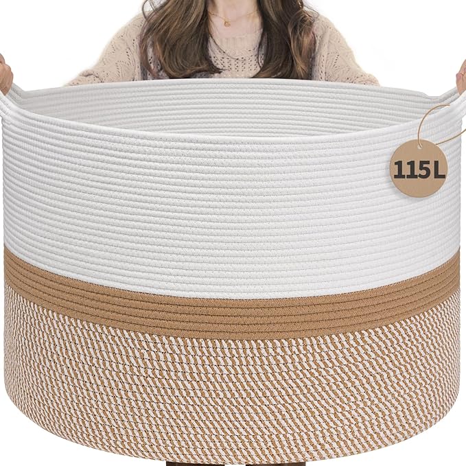 INDRESSME 115L Extra Large Cotton Rope Basket, Woven Baby laundry Blanket Basket by INDRESSME