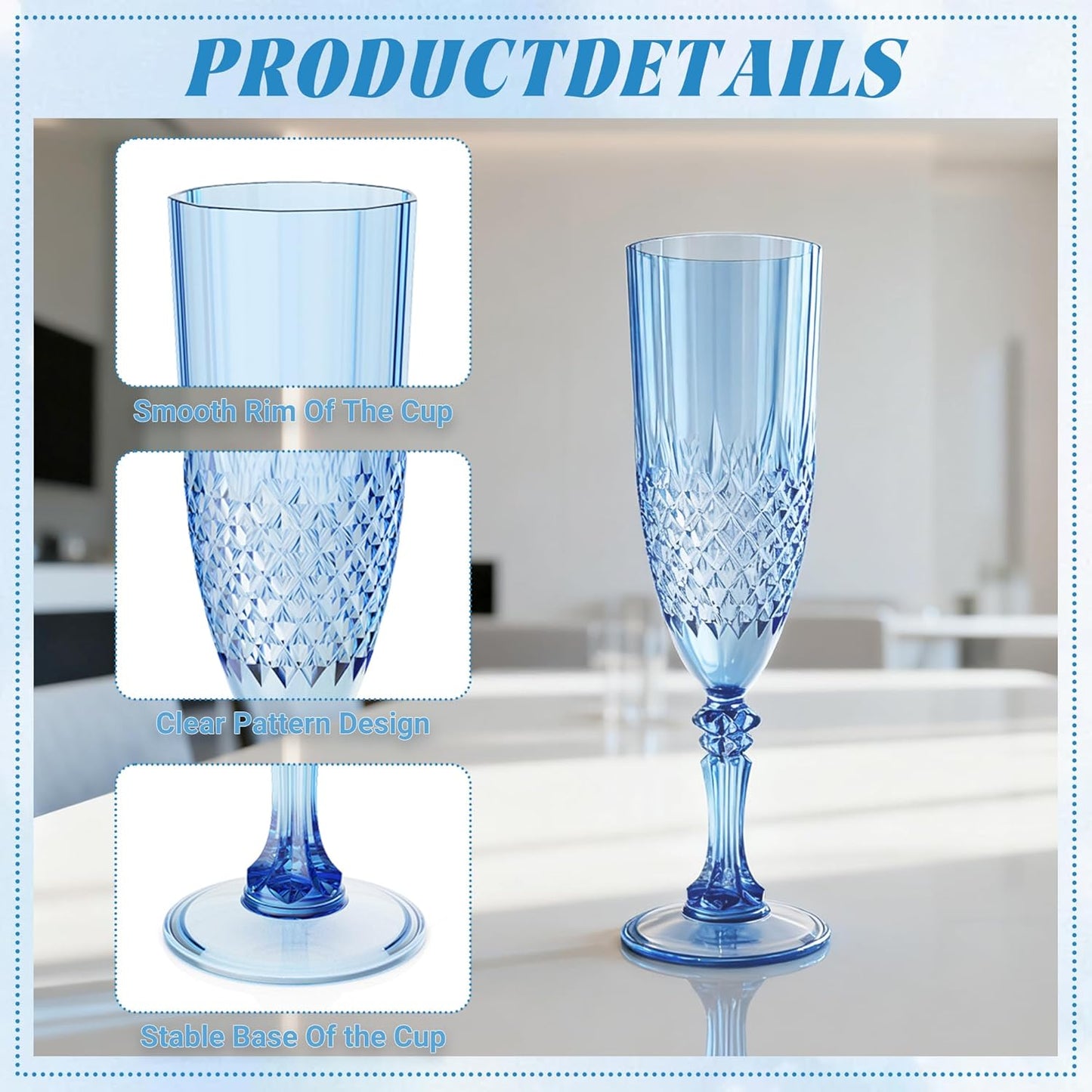 Plastic Champagne Flutes, 48PCS Blue Wine Glasses Goblets Cups Reusable Flute, for Weddings Bachelor Parties Toasting and Events (48, Blue)