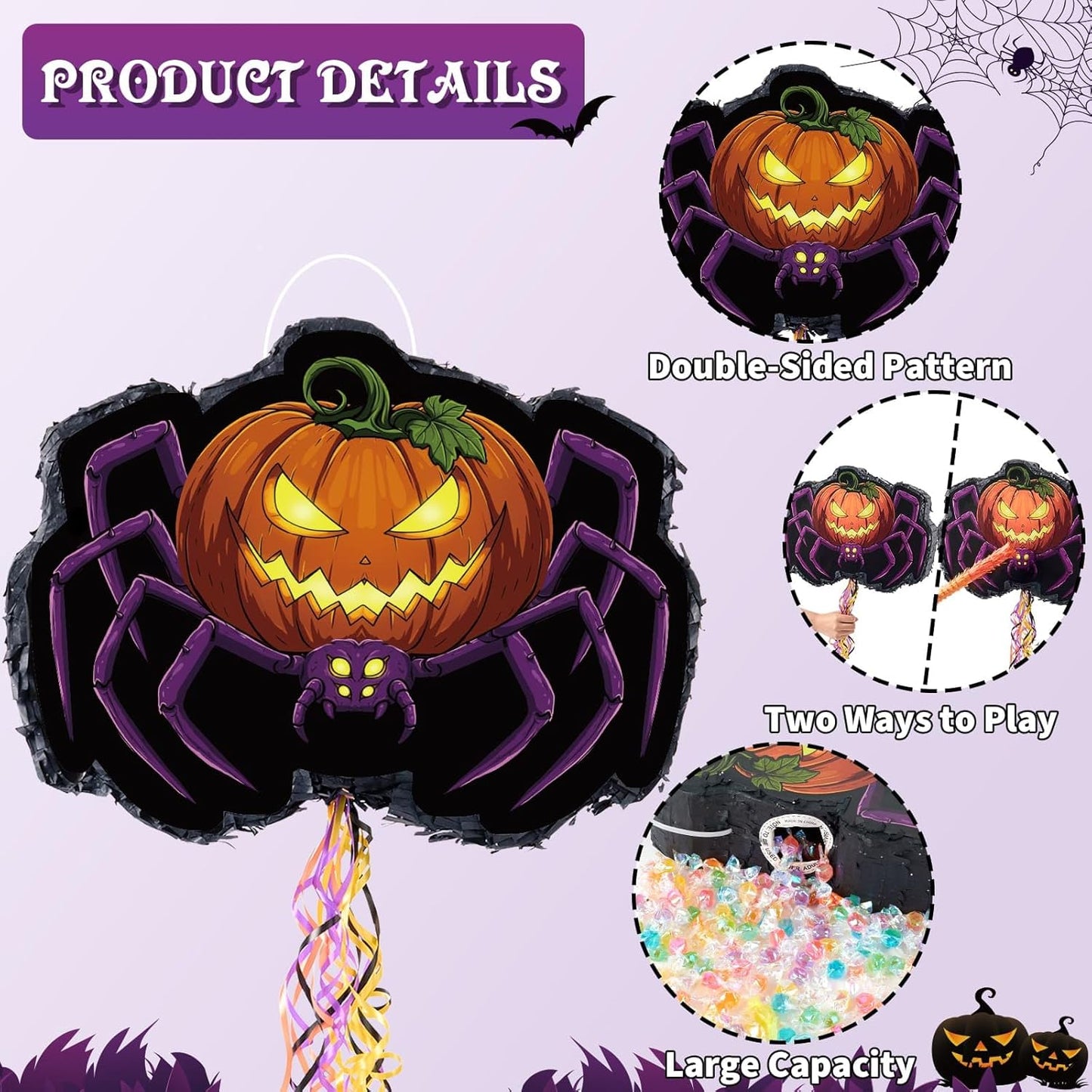 WERNNSAI Halloween Spider Piñata - Pumpkin Spider Pinata Halloween Theme Party Decorations for Kids Jack O Lantern Wicked Pumpkin Party Games with Bat Blindfold
