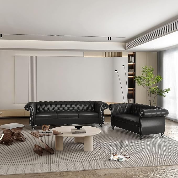 Chesterfield 3 Seater Sofa, Modern Leather Tufted Couch 3 Seater - Image 7