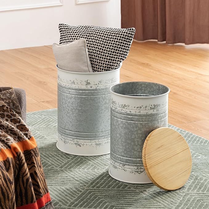 Glitzhome Rustic End Table Set of 2, Farmhouse Galvanized Metal Barrel Ottoman - Image 4