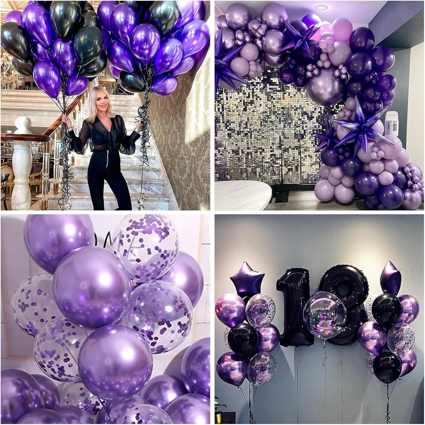 Purple and Black Balloons, 12 Inch Metallic Purple Black Party Balloons Confetti Latex Helium Balloon for Halloween Graduation Birthday Wedding Party Decorations