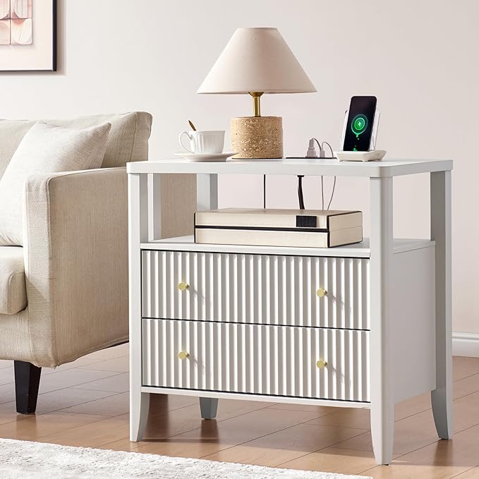 27.3" Fluted Nightstand with Charging Station – Modern Bedside Table with 2 by Fatmok