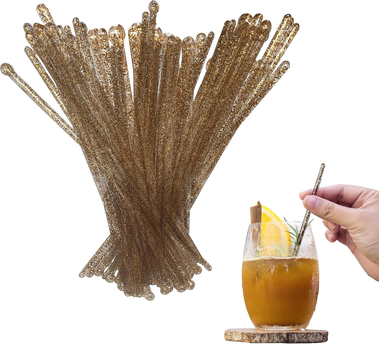 Coffee and Cocktail Stirrers, Reusable Plastic Drink Stirrer Sticks, 100 Ball Head Swizzle Sticks, Use as a Cocktail Garnish or Cake Pop Stick, and Restaurant Supplies, 6 inch (Glitter Gold)