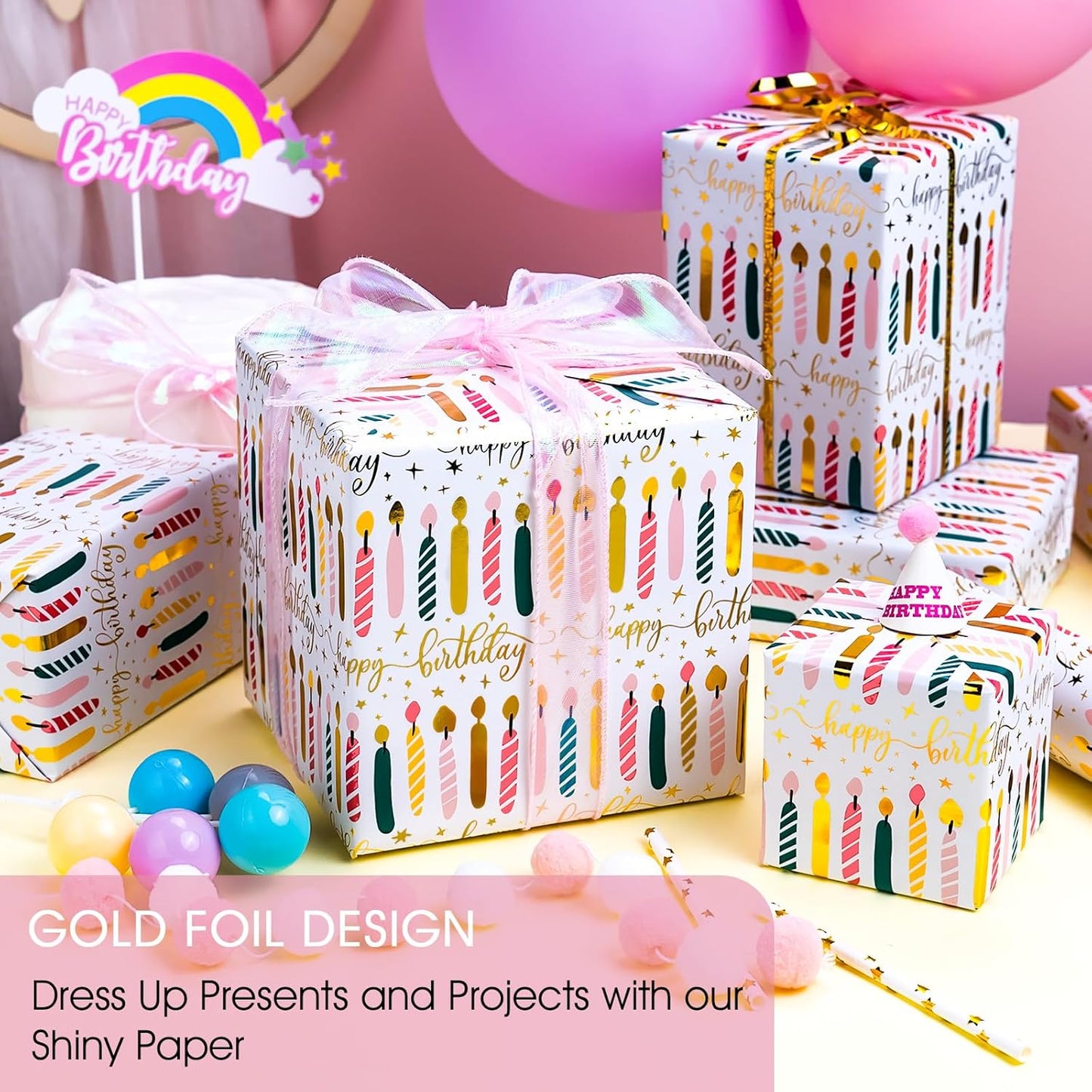 Yarcony Birthday Candle Wrapping Paper Roll - 17Inch X 33Feet - Elegant Rainbow Gold Foil Candles Gift Wrap Paper for Girl's Birthday, Christmas, Holiday, Party and Sophisticated Celebration