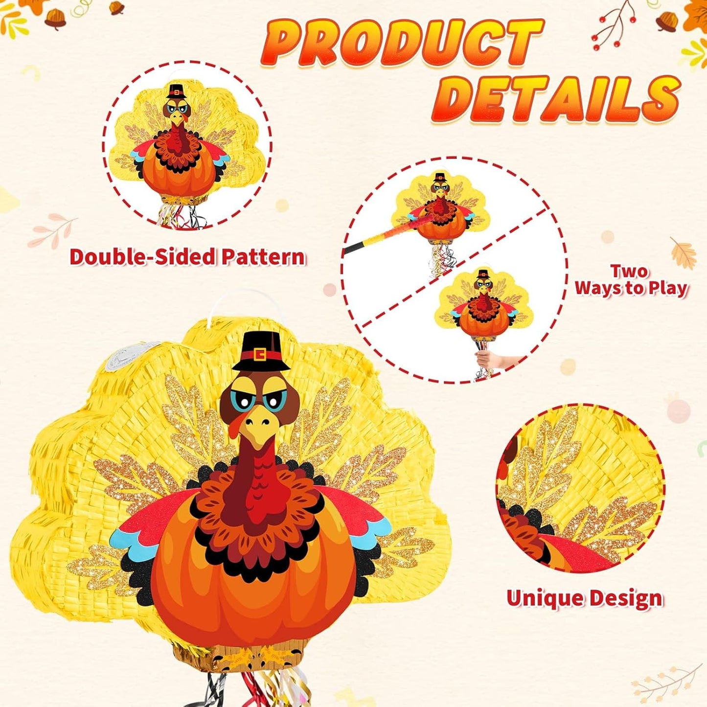 WERNNSAI Thanksgiving Turkey Pinata - Fall Autumn Decorations Gentle Turkey Pinata Orange Thanksgiving Party Games Autumn Decorations for Home Fall Festival Party Favors with Blindfold