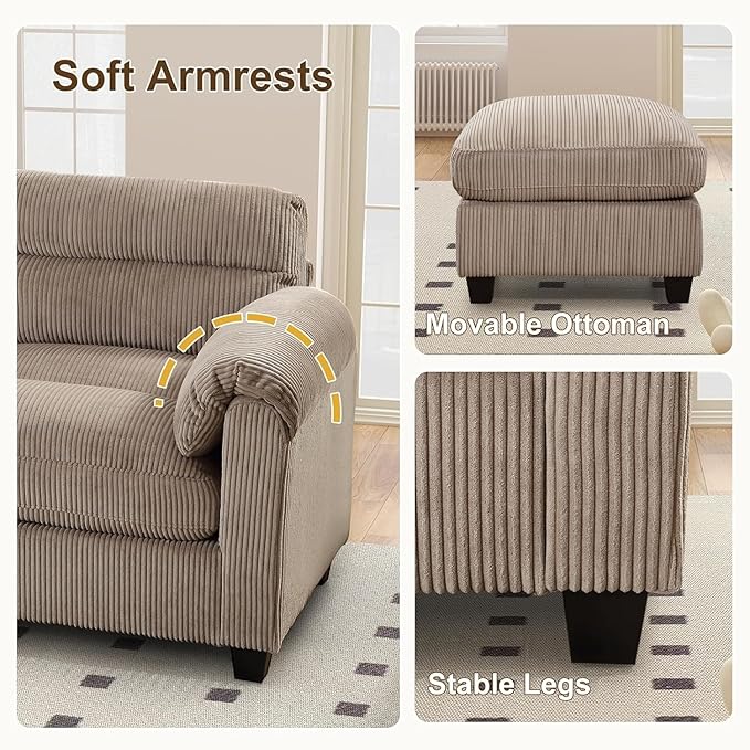 HAOMARKETS Corduroy 4-Piece Sofa Set, Upholstered Ottoman Set of 2, Accent - Image 5