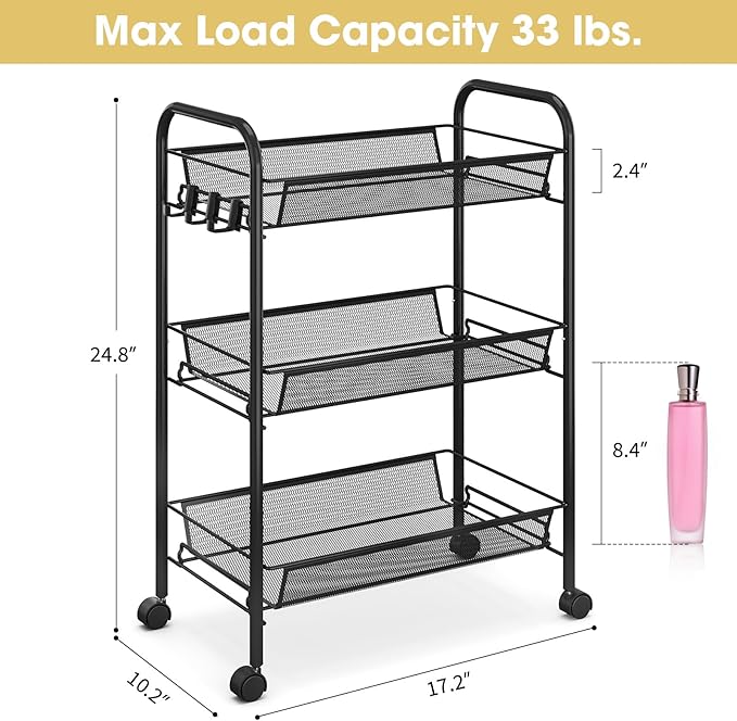 TOOLF 3-Tier Metal Rolling Cart, Mesh Wire Easy Assemble Utility Cart, Storage - Image 6