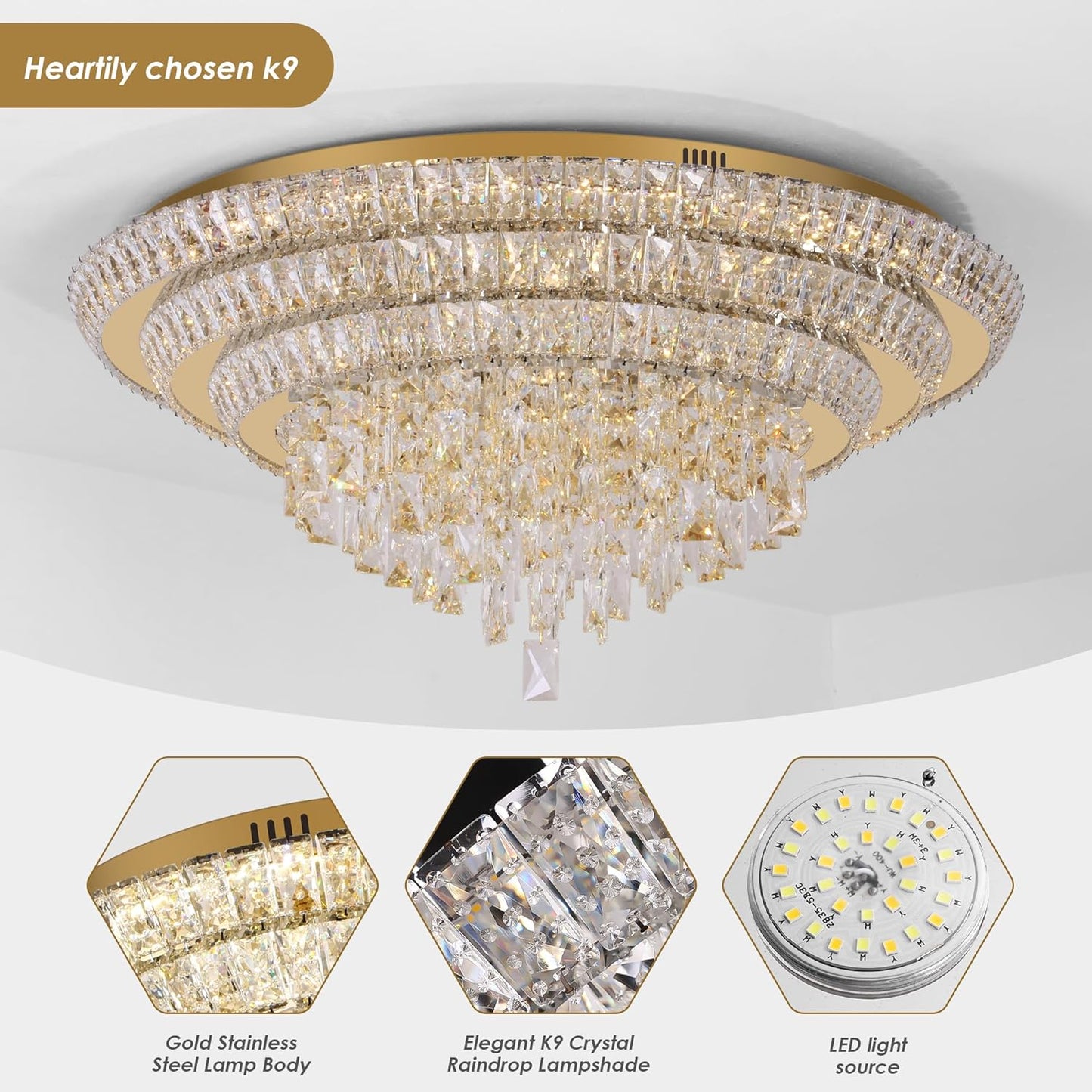 30 inch Crystal Gold Ceiling-Light Flush Mount with Remote Control and APP, 3CCT Dimmable & Brightness Adjustable, Modern Crystal Raindrop Chandeliers for Bedroom Hallway Dinning Room Living Room