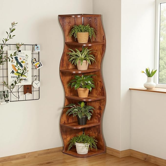 VECELO Wavy Corner Shelf with LED Light, Decorative 6-Tier Corner Display - Image 6