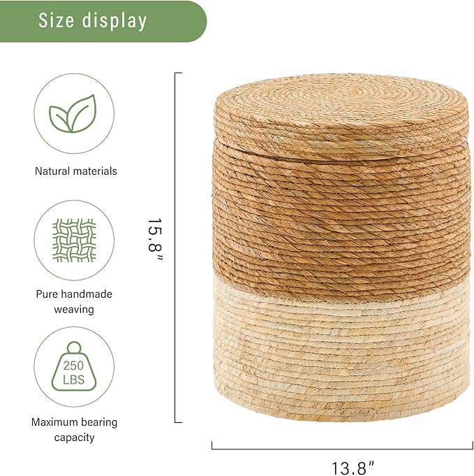Wimarsbon Round Pouf Ottomans, Handwoven Natural Water Hyacinth Seagrass Pouffe - Image 3