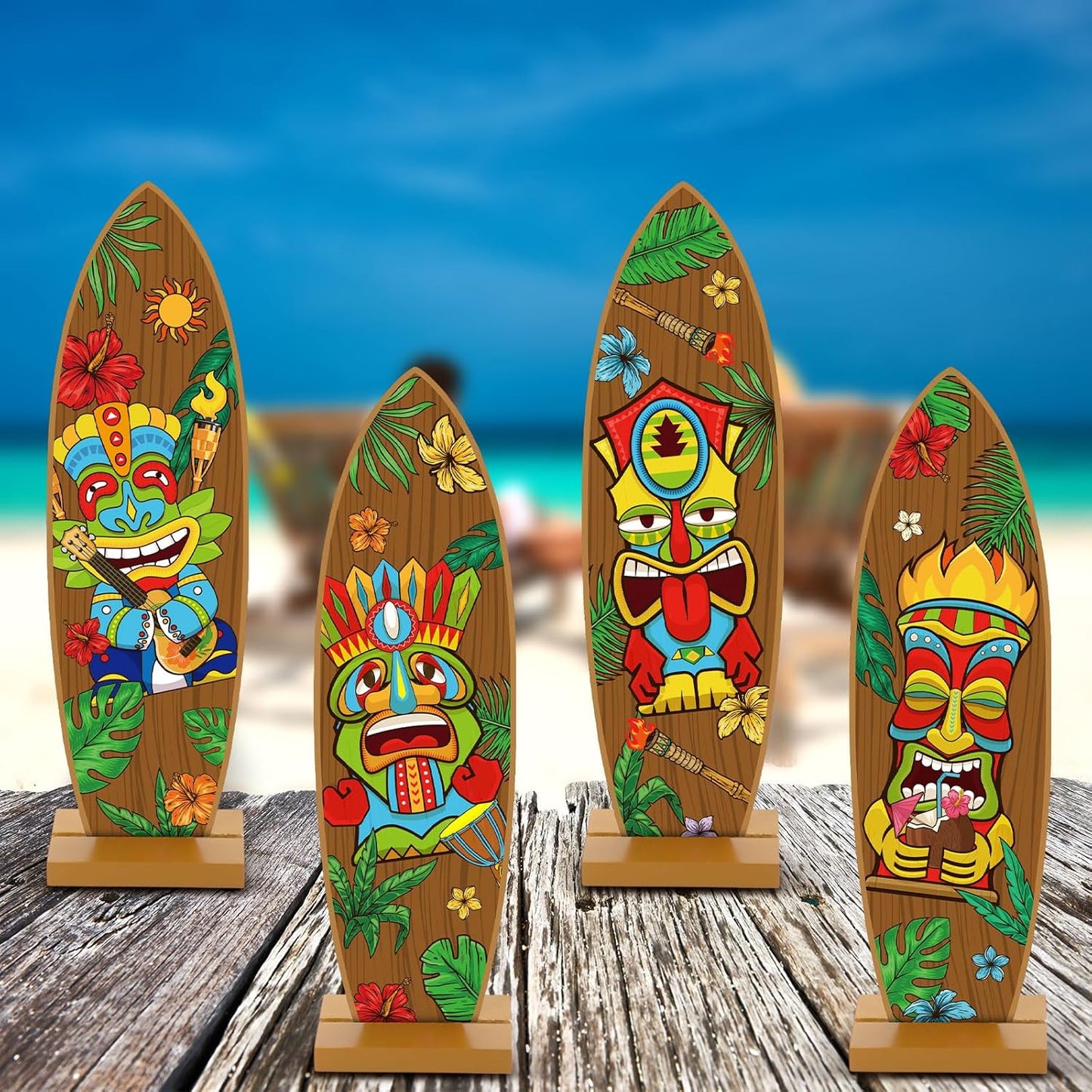 Blulu 4 Pcs Surfboard Decorations for Party Surfboard Beach Signs Welcome to Paradise Sign Tropical Bar Table Centerpieces Endless Summer Wood Decor Flip Flop Letters for Home Decor(Tiki Style)