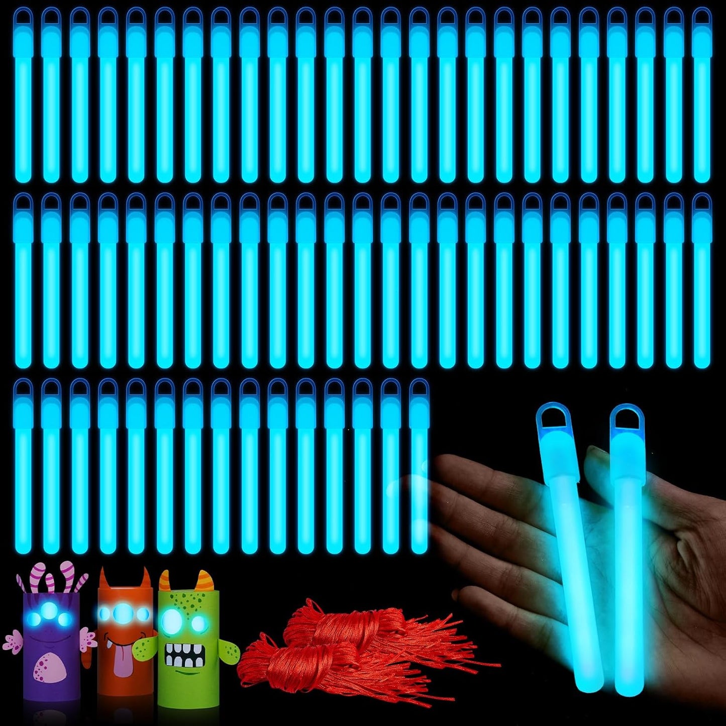 Lewtemi 50 Set 4'' Glow Sticks Bulk, Hallowee Glow in The Dark Party Supplies, Emergency Light Sticks with Lanyard, for Birthday, Light up, Neon, Halloween Theme Party Favors