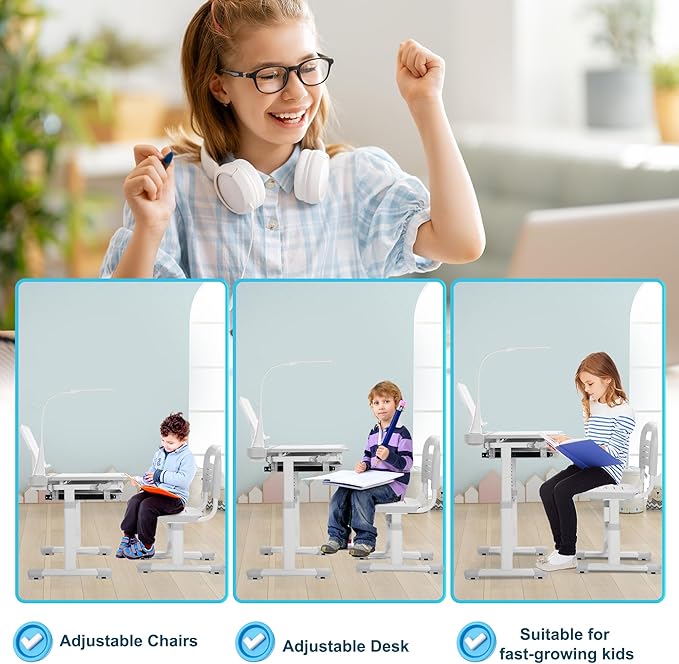 Rengue Kids Desk and Chair Set, Height Adjustable Children School Functional - Image 4