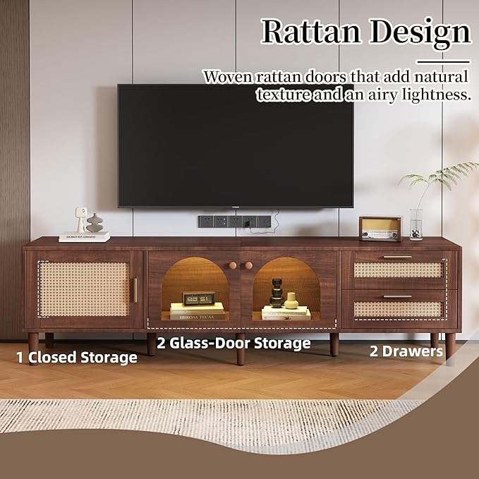 Merax Rattan TV Stand with LED Lights, Solid Wood Feet, Living Room, Bedroom - Image 3
