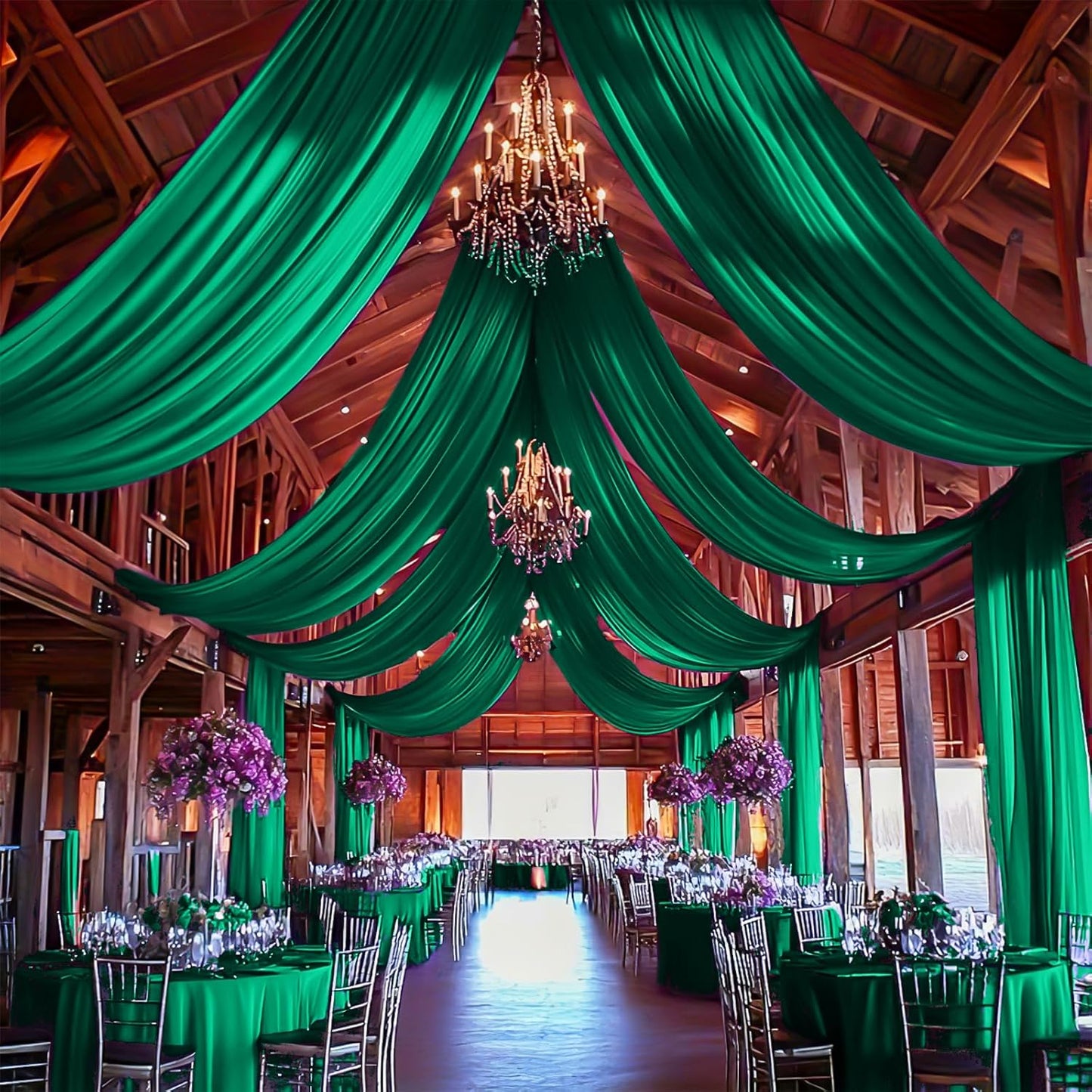 6 Panels Emerald Green Ceiling Drapes for Wedding 5ftx30ft Chiffon Fabric Arch Draping Curtains Sheer Drapery for Party Ceremony Birthday Baby Shower Reception Stage Swag Ceiling Decorations