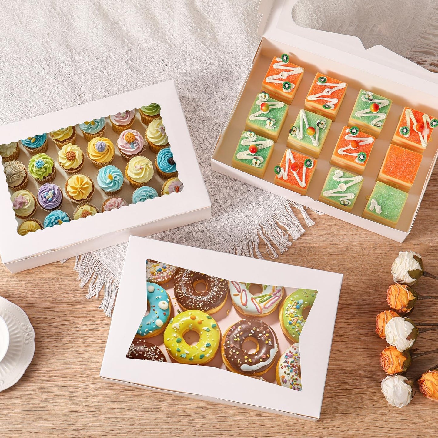 12pcs12x8x2.5 Inches Bakery Boxes,Cookie Boxes with 3Style for Window Bread,Treat，Chocolate,Strawberries,Dessert,Cakes,Donuts,Muffins,pastry