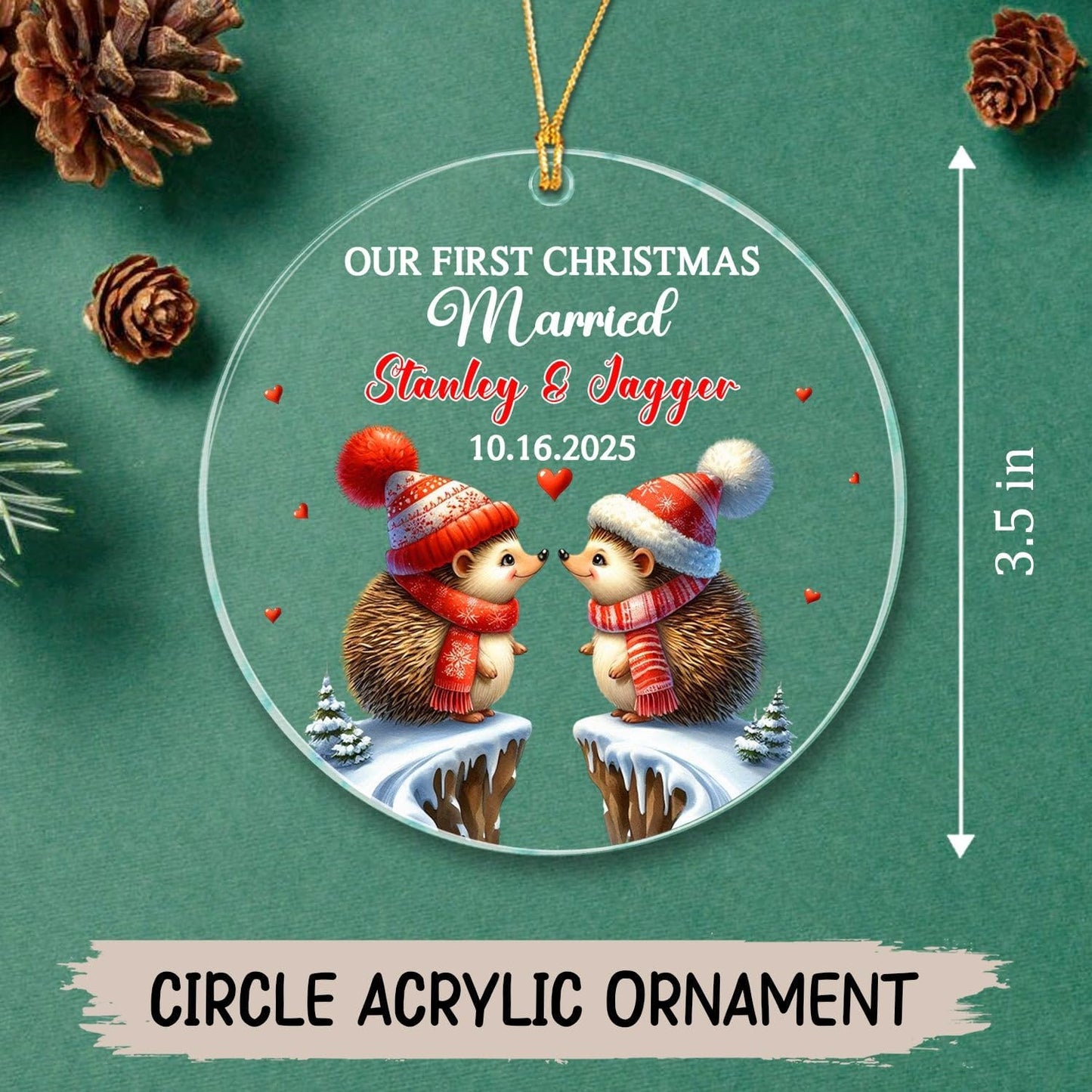 Our First Christmas Married Ornament, Custom Date/Name Mr & Mrs Hedgehog Ornament Gift for Newlyweds Bride & Groom, Personalized Couple Hedgehog Married Christmas Ornaments for Wedding Anniversary