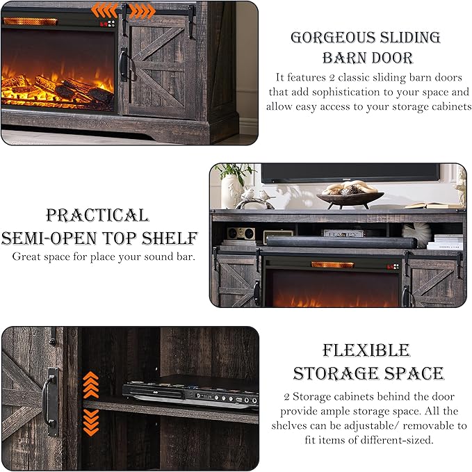 OKD Fireplace TV Stand for 80 Inch TV, Rustic Media Console w/Sliding Barn Door - Image 5