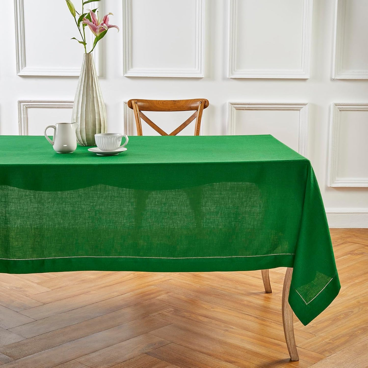 Solino Home Garden Green Linen Tablecloth 60 x 132 Inch - 100% Pure Linen Hemstitch Table Cloth for Rectangle Tables - Classic Hemstitch, Machine Washable Tablecloth for Christmas
