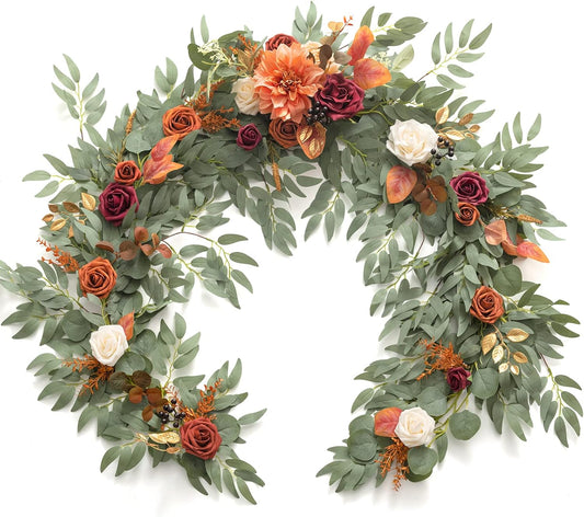 Ling's Moment Terracotta Flower Garland - 6FT Eucalyptus & Rose - Sweetheart Table Decor for Wedding Reception, Fall Artificial Floral Garland for Mantle, Christmas Decoration, Burnt Orange
