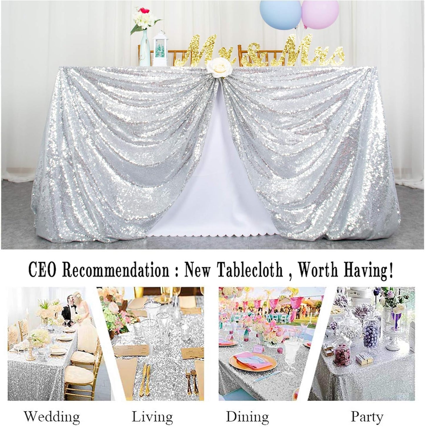 ShinyBeauty Sequin Tablecloth Silver 72''x72'' Square Glitter Table Cover Silver Table Cloths for Parties Wedding TableCover Event Decor Sparkley Tablecloth Kitchen Linen