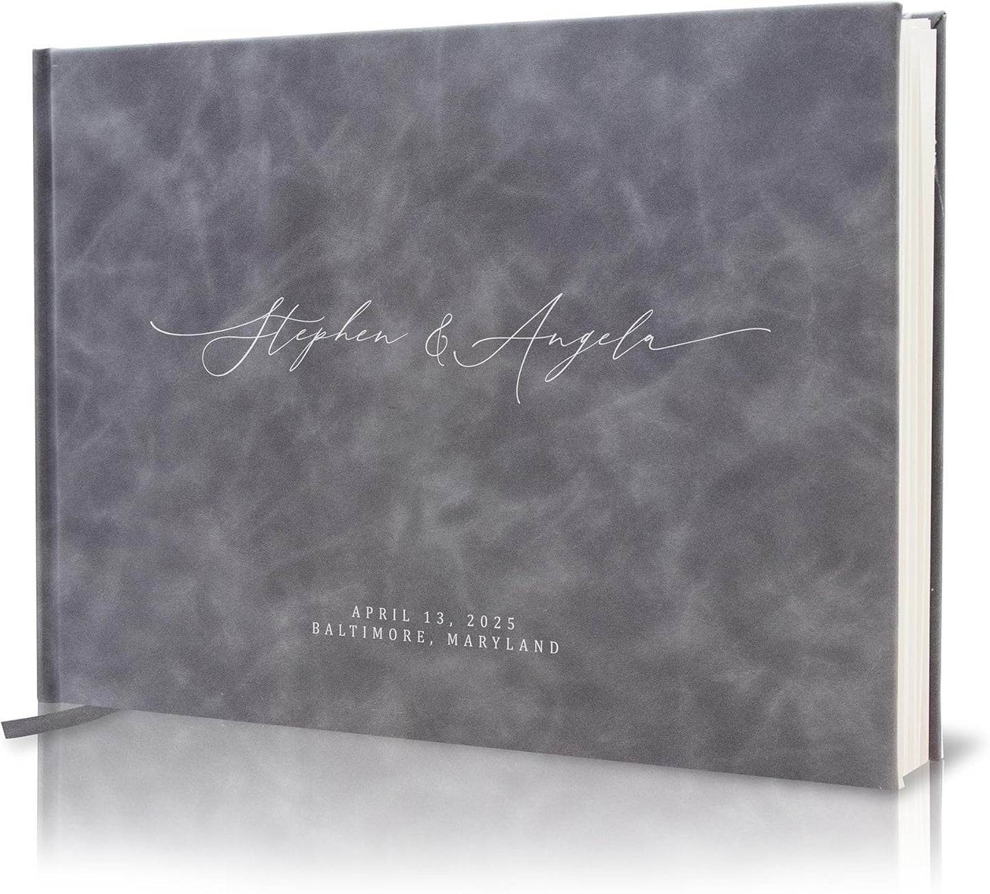 MUUJEE Personalized Guestbook in Slate Gray - Premium Custom Modern Guest Book for Wedding Reception, Birthday Party or Events w/Bookmark Blank Pages for Signing 11.5 x 8.5 inches