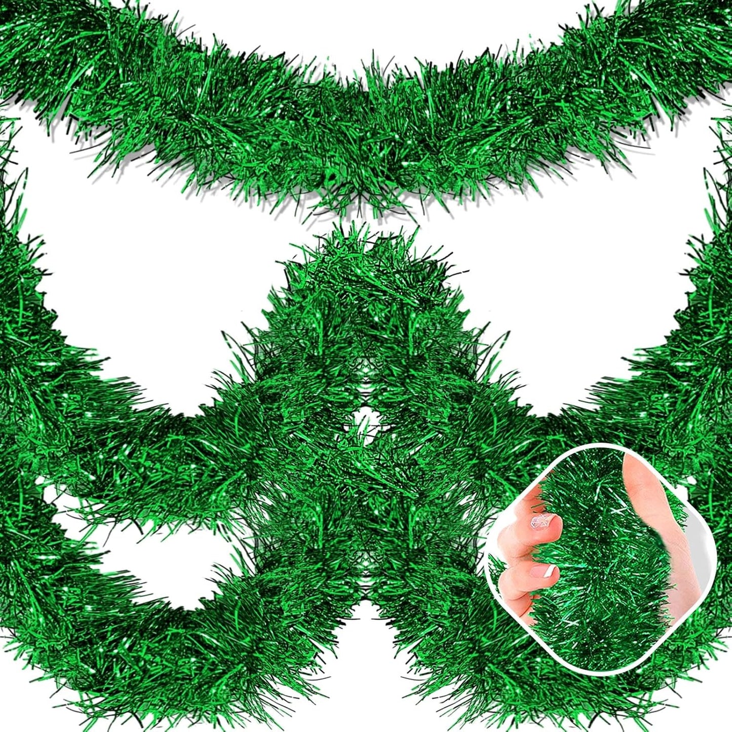 50 Feet Green Christmas Tinsel Garland, Metallic Foil Twist Garland Wall Hanging Tinsel Banner Backdrop for Parade Floats, Easter, Mother's Day, Wedding Party Decorations (2in x 50ft)