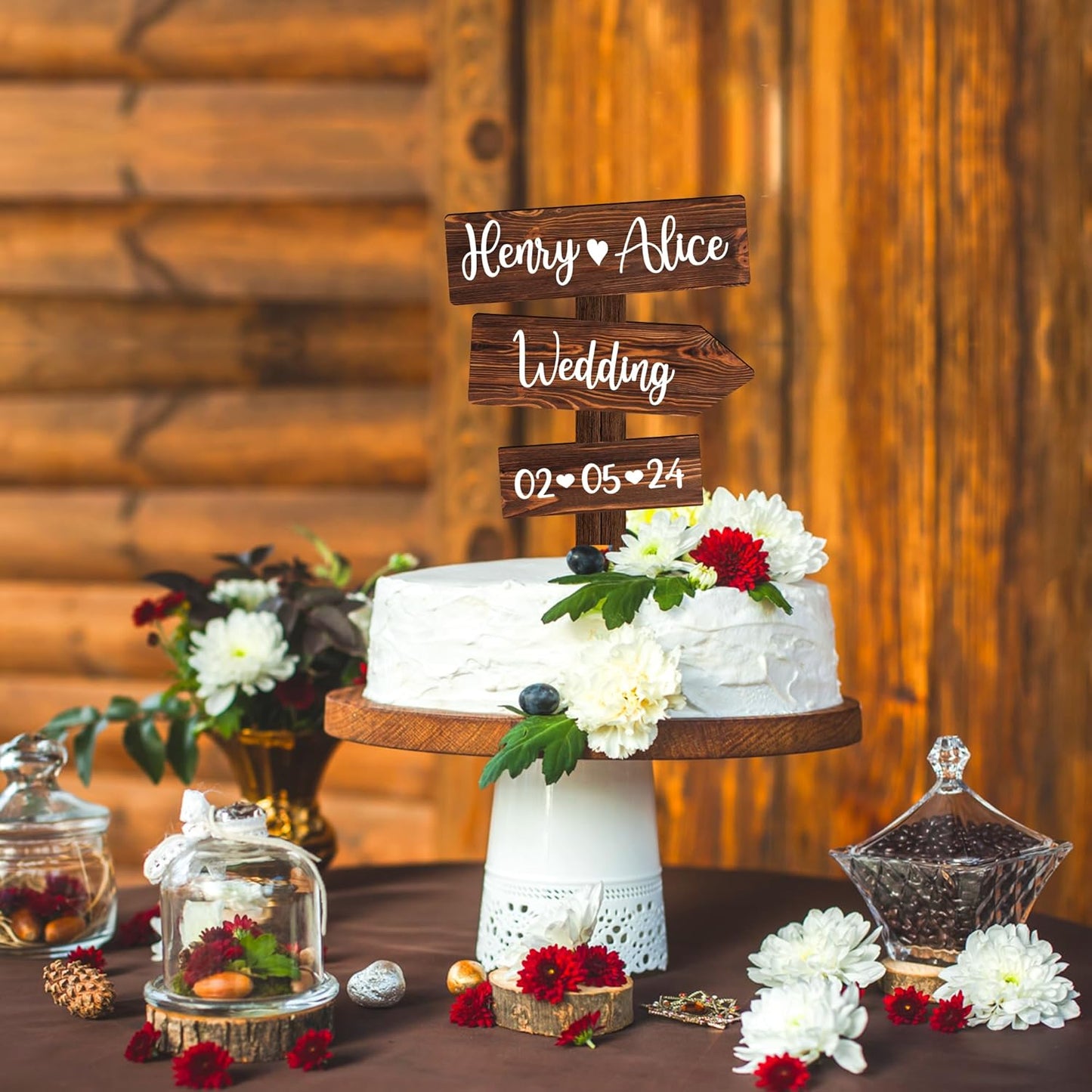 Personalized Rustic Wedding Cake Topper in Wood Custom Wedding Cake Topper with Names & Date