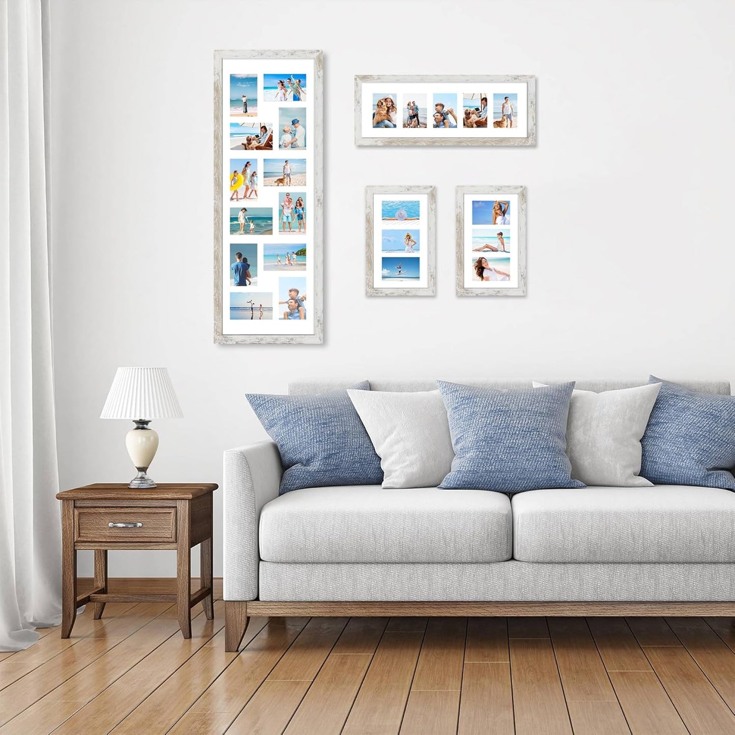 8x24 Picture Frame 2 Pack, Distressed White Wood Frame with Tempered Glass, Display Pictures Multiple Five 4x6 With Mat or 8 x 24 Without Mat - Horizontal or Vertical Wall Mounting