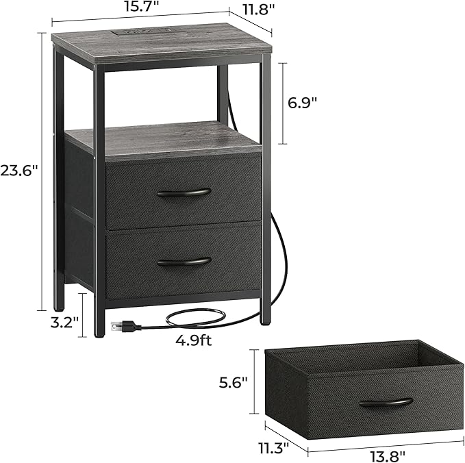 Huuger Nightstand with Charging Station, Side Table with Fabric Drawers - Image 7