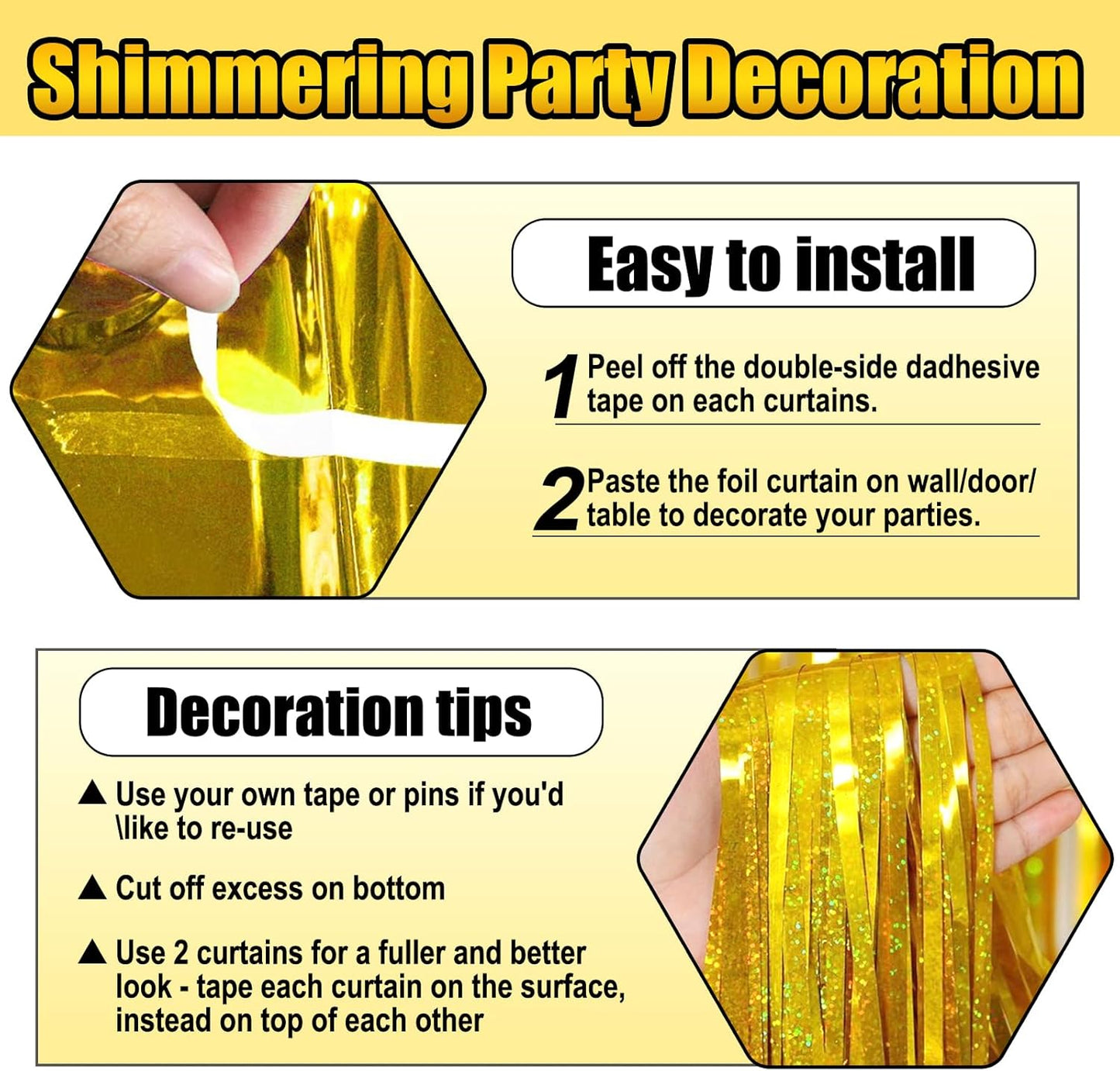 3 Pack Gold Foil Fringe Curtain Backdrop, 3.28Ft x 8.2Ft Metallic Tinsel Foil Fringe Streamer Curtains for Photo Booth, Mother's Day, Easter, Birthday, Wedding Party Decorations