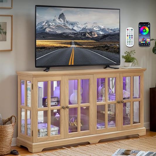 59" W LED Curio Cabinet with 7 Color Lights, Vintage Glass Display Case with by CKEASEANFurniture