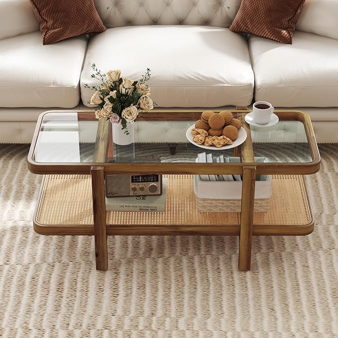 Giantex Rattan Coffee Table, 47.5" Rectangle Solid Wood Tea Table w/Tempered - Image 8