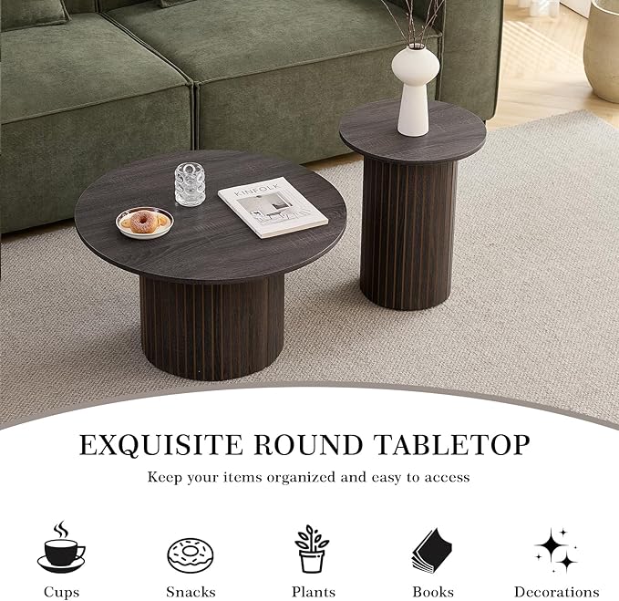 Round Nesting Coffee Table Set of 2 Mid Century Modern Wood Round Coffee Tables - Image 7