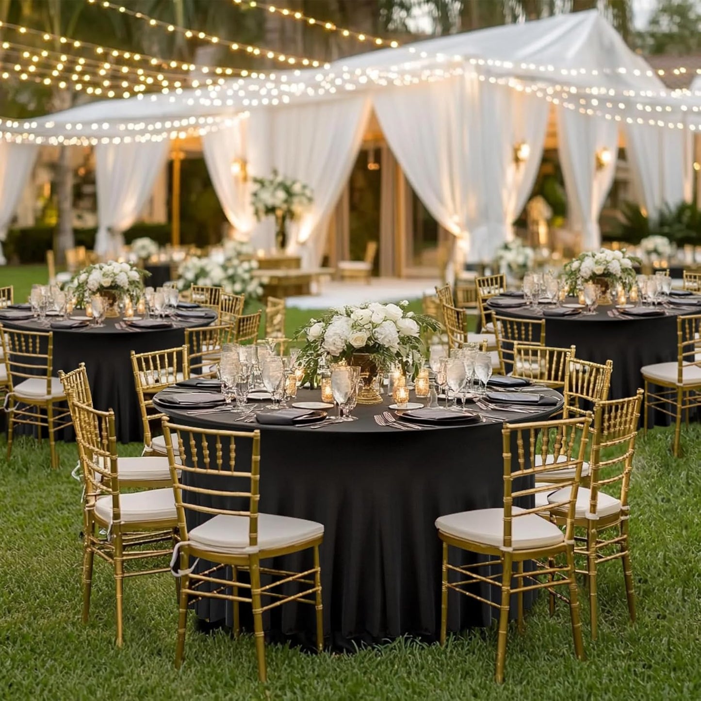 8 Pack Black Round Spandex Tablecloth 60 Inch, Wrinkle Free Stretch 120 Inch Fitted 5ft Black Table Cloths Round Table Covers with Ruffle Skirt for Graduation Wedding Party Banquet