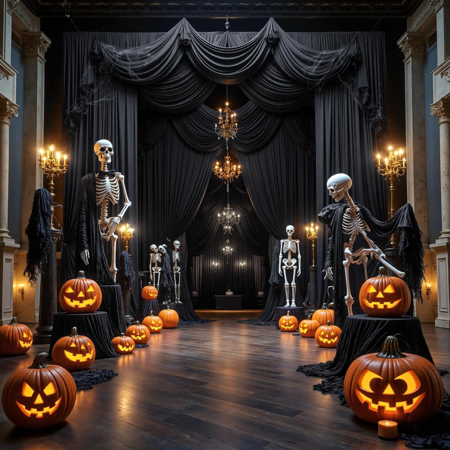 PartyVillage 60ft×15ft Black Backdrop Curtain for Halloween Parties, 12 Panels Wrinkle Free 15 FT Long Polyester Photo Backdrop Drapes Back Drop Cloth for Birthday Photography Background