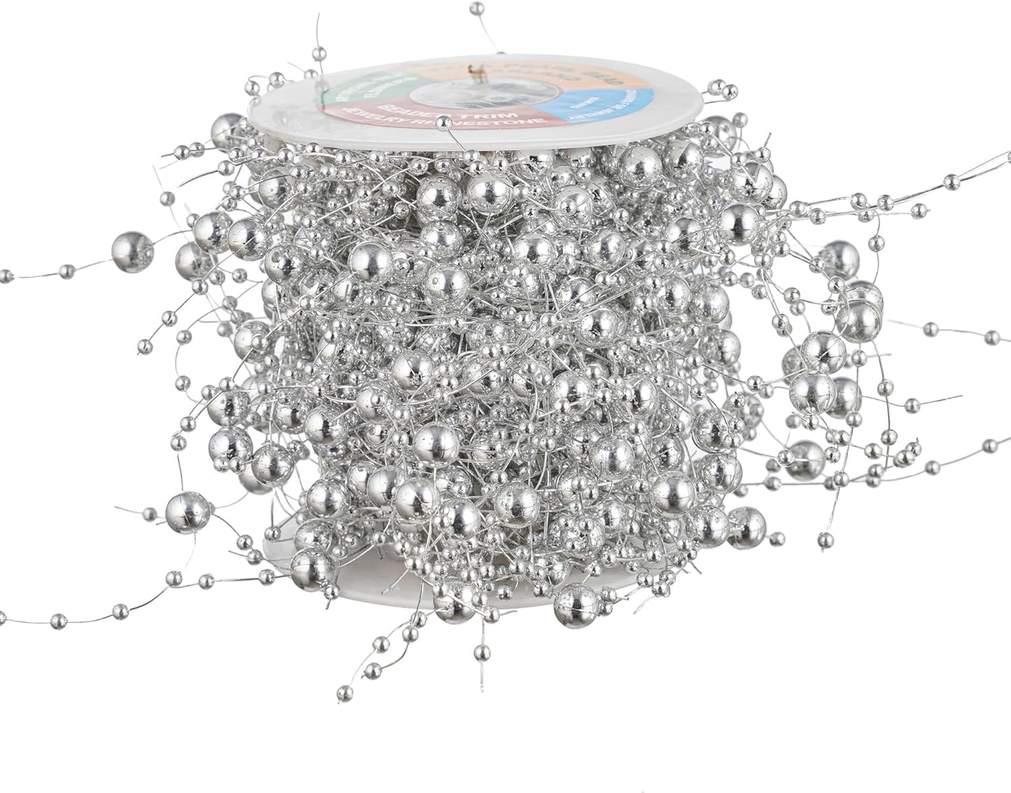 13Feet Pearl String Spool Roll for Floating Candles Faux Pearls Strands Garland for Vase Filler Wedding Centerpiece Christmas Table Decor (Silver)