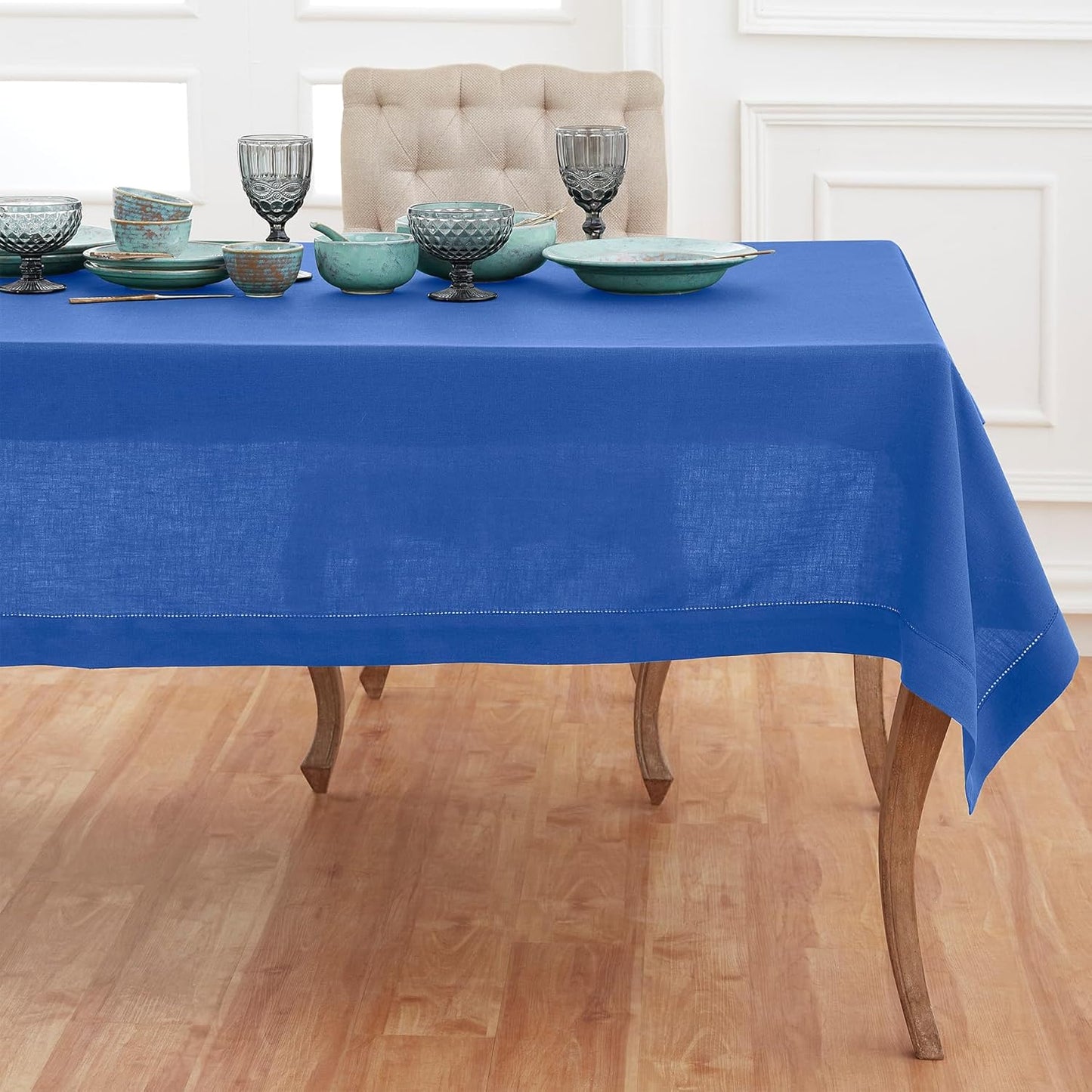 Solino Home Royal Blue Linen Tablecloth 54 x 72 Inch - 100% Pure Linen Hemstitch Table Cloth for Rectangle Tables - Classic Hemstitch, Machine Washable Tablecloth