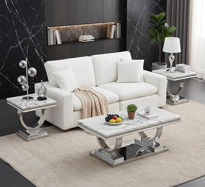 Henf Marble End Table Modern White Faux Marble Sofa Side Table - Image 5