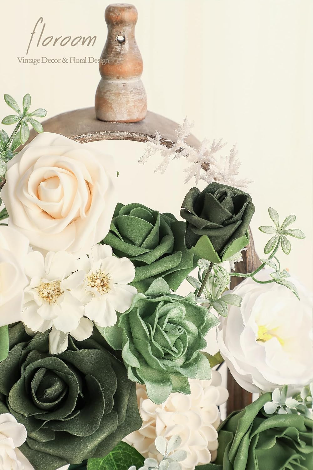 Floroom Olive Green Artificial Flowers Forest Green Fake Roses Peonies Dahlia Greenery Combo Box Set for DIY Wedding Bouquets Bridal Shower Centerpieces Floral Arrangement Party Tables Home Decoration