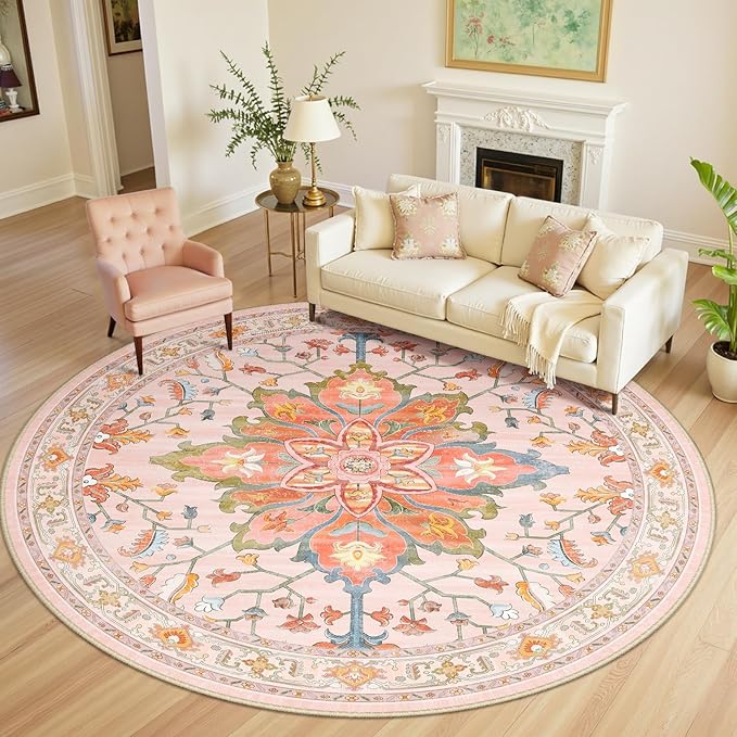 RELEANY Area Rugs Round 8ft Washable Non-Slip, Floral Vintage Distress Print by RELEANY