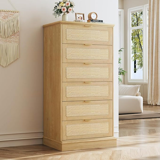 HUAHUU 6 Drawer Dresser for Bedroom, 50 Inch Tall Dressers & Rattan Chest of by HUAHUU