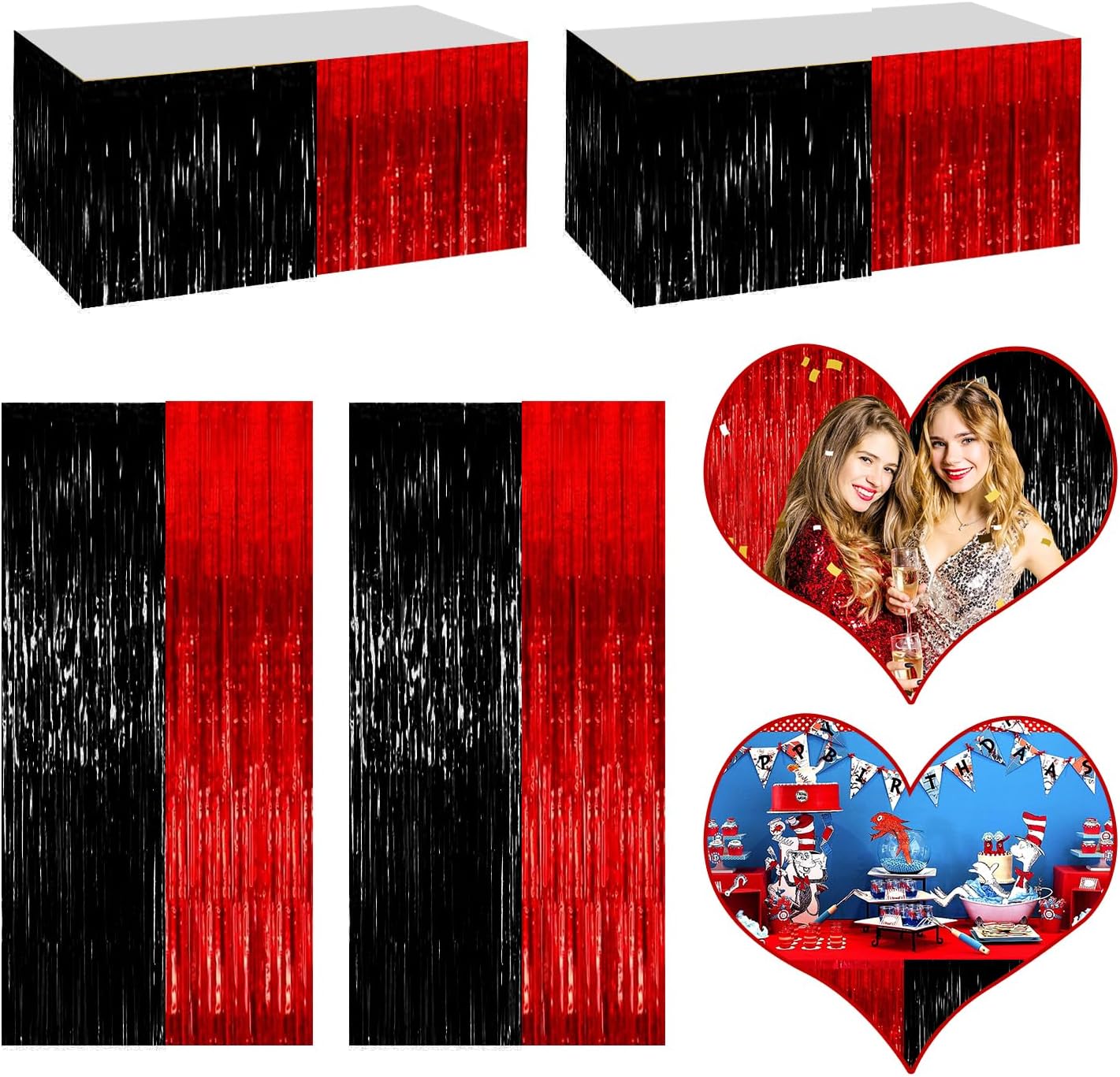 4P Metallic Foil Fringe Tinsel Table Skirts for Rectangle Tables Backdrop Banner Streamer Garland Curtains for Parade Floats Wedding Graduation Anniversary Birthday Parties Decoration (Black Red)