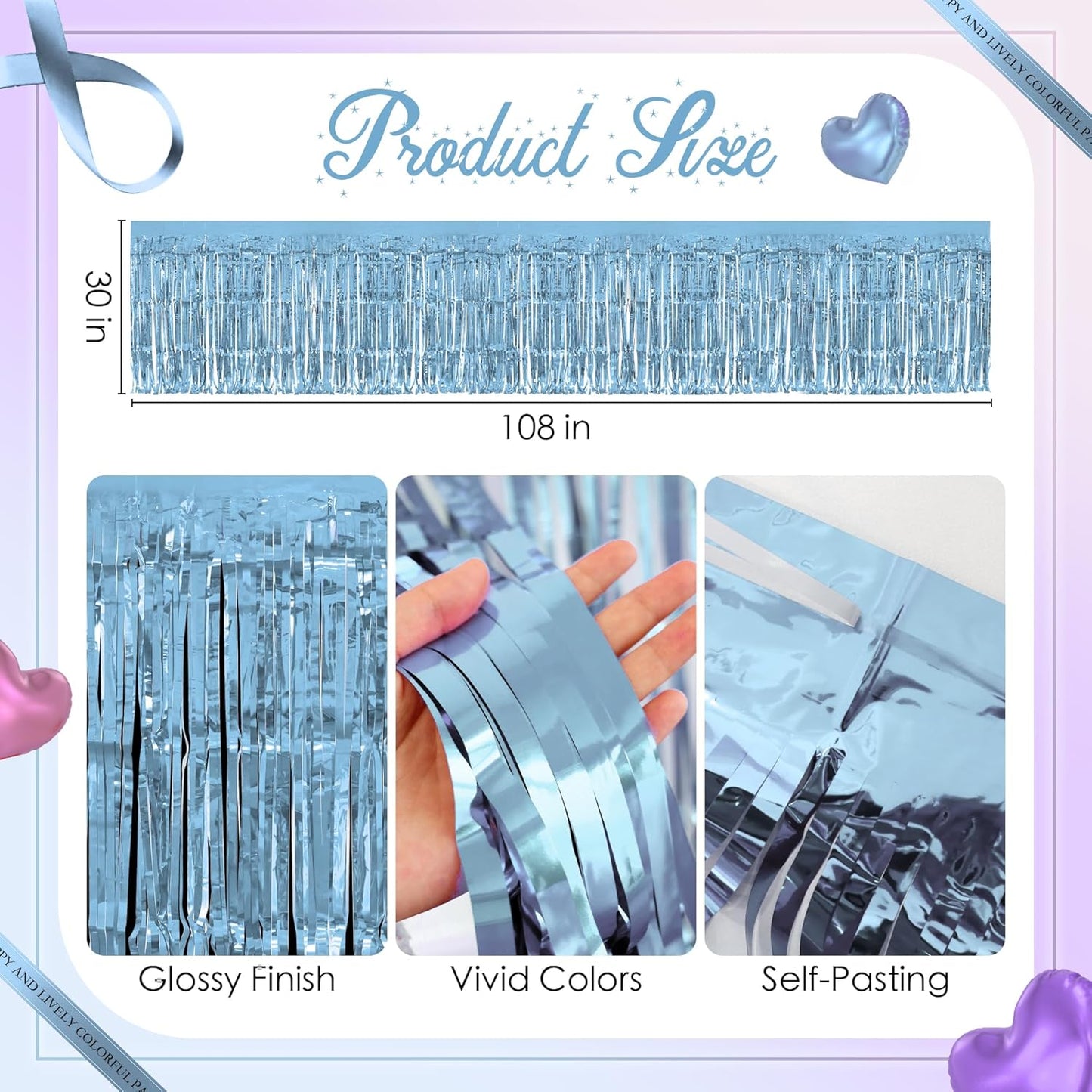 3 Pack Light Pink & Blue & Purple Table Skirts, 29x108" Metallic Foil Tinsel Fringe Table Skirt for Rectangle Tables Streamer Curtains Backdrop, Party Decorations for Birthdays, Weddings, Holidays